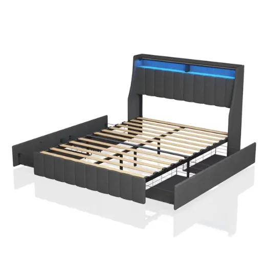 Picture of Queen Size Metal Bed Frame: Gray Upholstered with LED Lighting, Integrated Headboard Shelves & Four Sliding Storage Drawers, Contemporary Style