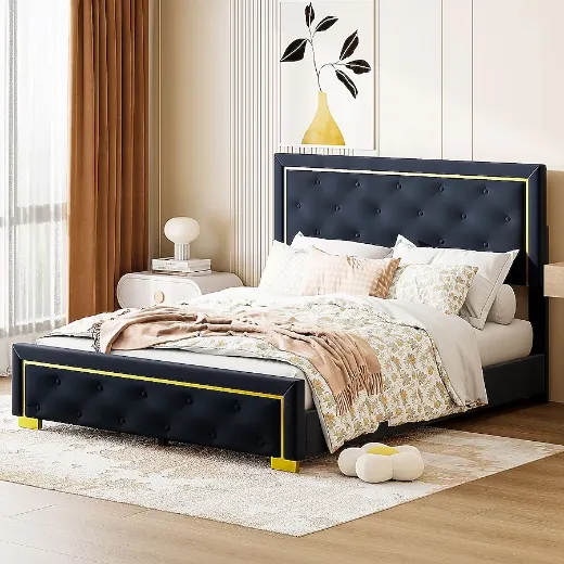Picture of Queen Size Upholstered Platform Bed: Black Velvet Fabric, Tufted Headboard, Wood & Metal Frame, Contemporary Style