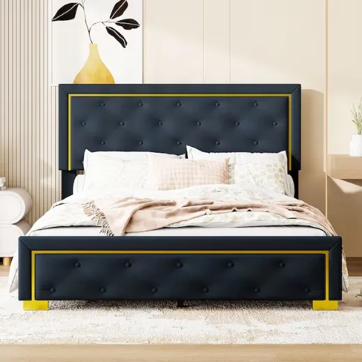 Picture of Queen Size Upholstered Platform Bed: Black Velvet Fabric, Tufted Headboard, Wood & Metal Frame, Contemporary Style