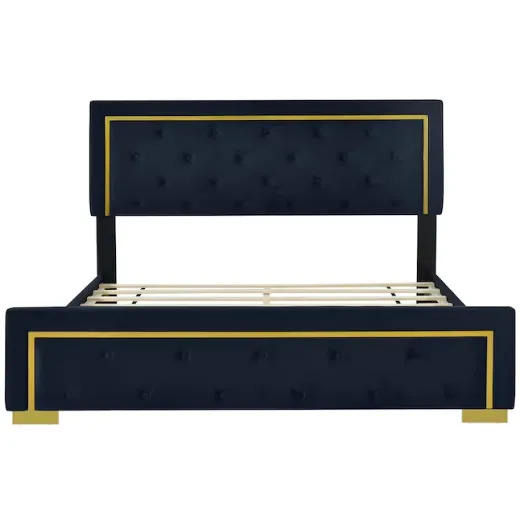 Picture of Queen Size Upholstered Platform Bed: Black Velvet Fabric, Tufted Headboard, Wood & Metal Frame, Contemporary Style