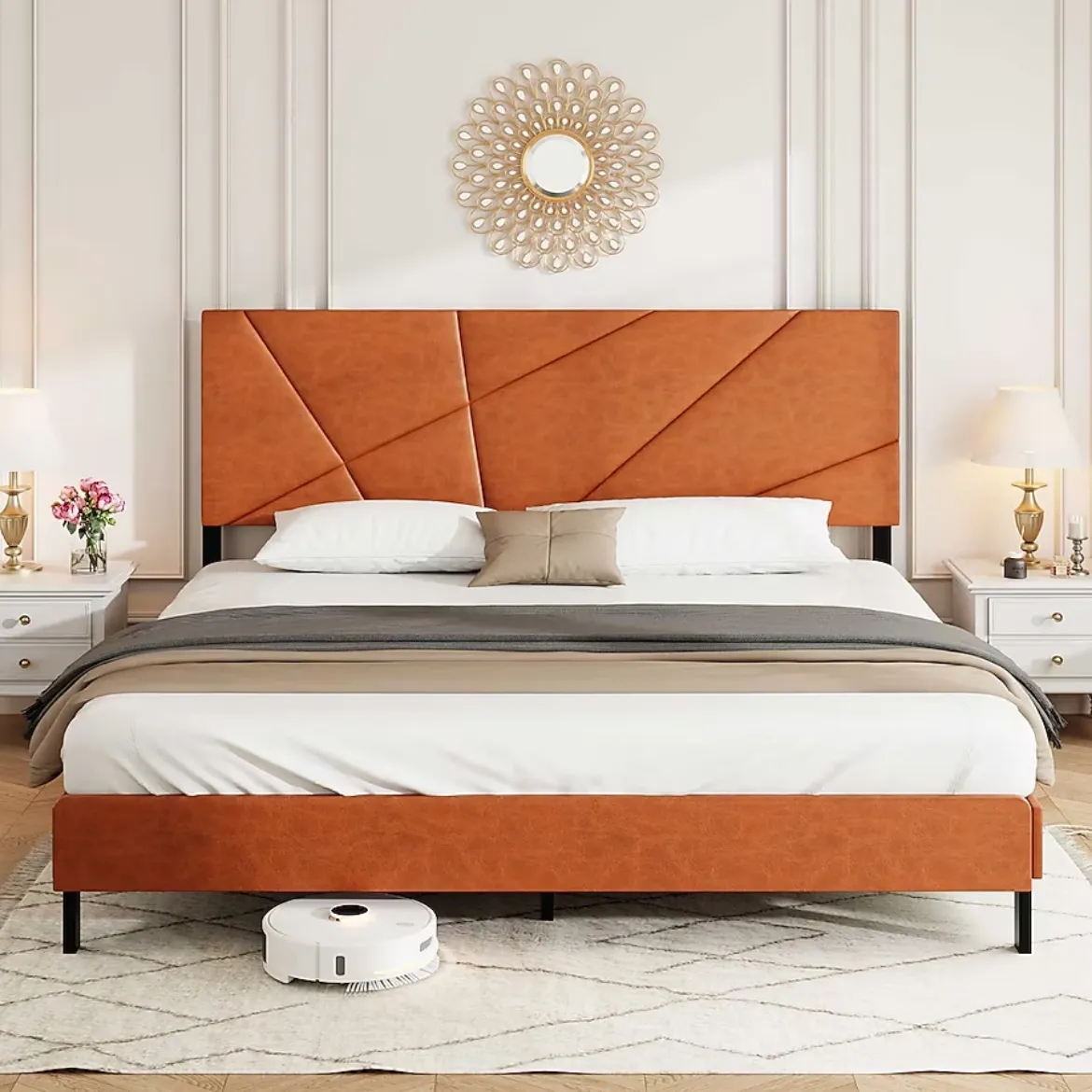 Picture of King Size Metal Bed Frame: Antique Brown Upholstered, Modern & Versatile Design, 800 lbs Capacity, Easy Assembly, No Box Spring Required