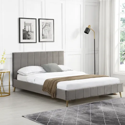 Picture of Velvet Upholstered Bed Frame: Grey with Fluted Headboard & Golden Chrome Legs, Sprung Slatted Base, Modern Design (Double/King Size)