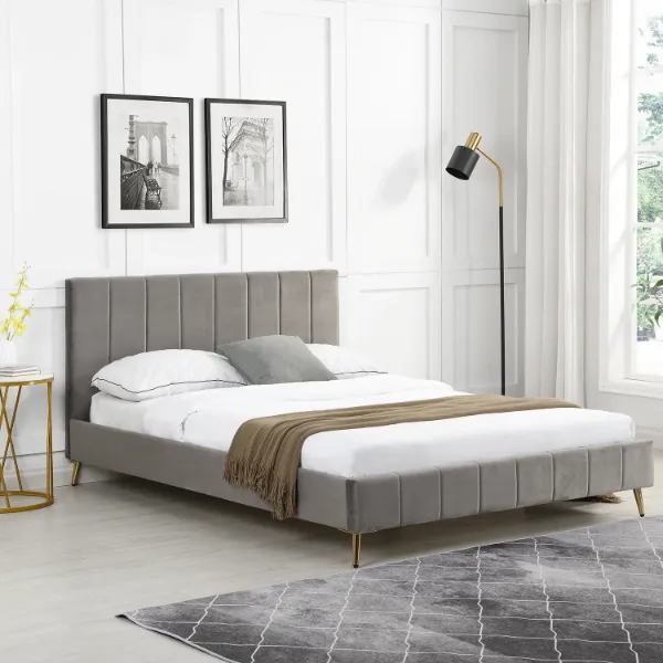 Show details for Velvet Upholstered Bed Frame: Grey with Fluted Headboard & Golden Chrome Legs, Sprung Slatted Base, Modern Design (Double/King Size) Picture of Velvet Upholstered Bed Frame: Grey with Fluted Headboard & Golden Chrome Legs, Sprung Slatted Base, Modern Design (Double/King Size)