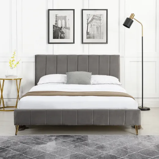 Picture of Velvet Upholstered Bed Frame: Grey with Fluted Headboard & Golden Chrome Legs, Sprung Slatted Base, Modern Design (Double/King Size)