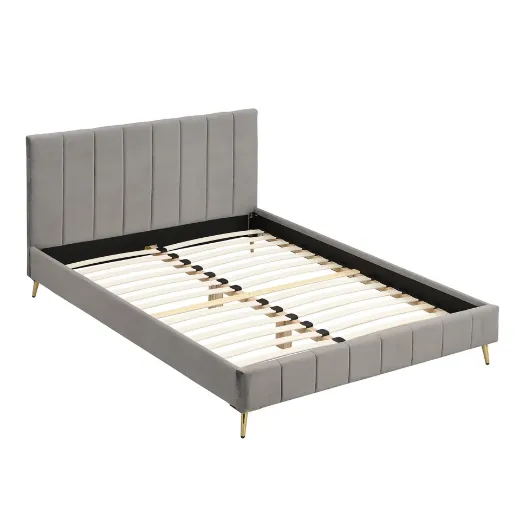 Picture of Velvet Upholstered Bed Frame: Grey with Fluted Headboard & Golden Chrome Legs, Sprung Slatted Base, Modern Design (Double/King Size)