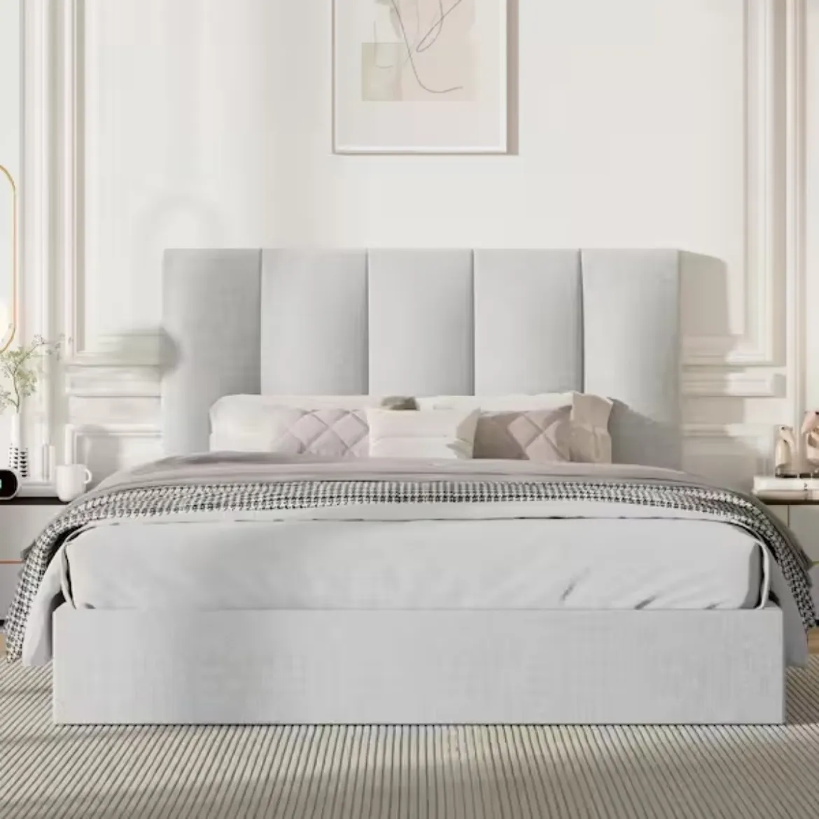 Picture of Light Grey Queen Size Linen Upholstered Platform Bed: Lifting Storage, Tufted Headboard, New Zealand Pine Wood Frame, Hydraulic Lift Mechanism