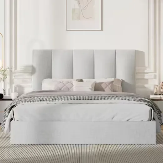 Picture of Light Grey Queen Size Linen Upholstered Platform Bed: Lifting Storage, Tufted Headboard, New Zealand Pine Wood Frame, Hydraulic Lift Mechanism