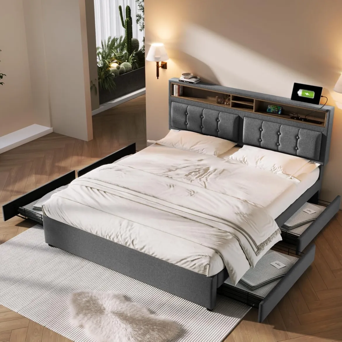 Picture of Upholstered Double Bed: Grey, 160 x 200 cm, LED with Adjustable Headboard (USB-C & Sockets), 4 Storage Drawers, Slatted Frame
