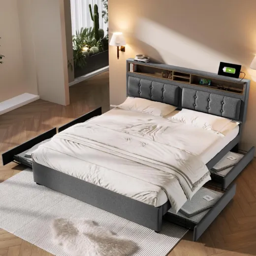 Picture of Upholstered Double Bed: Grey, 160 x 200 cm, LED with Adjustable Headboard (USB-C & Sockets), 4 Storage Drawers, Slatted Frame