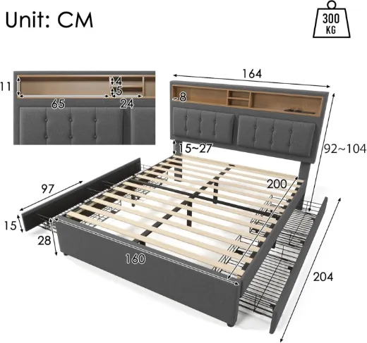 Picture of Upholstered Double Bed: Grey, 160 x 200 cm, LED with Adjustable Headboard (USB-C & Sockets), 4 Storage Drawers, Slatted Frame