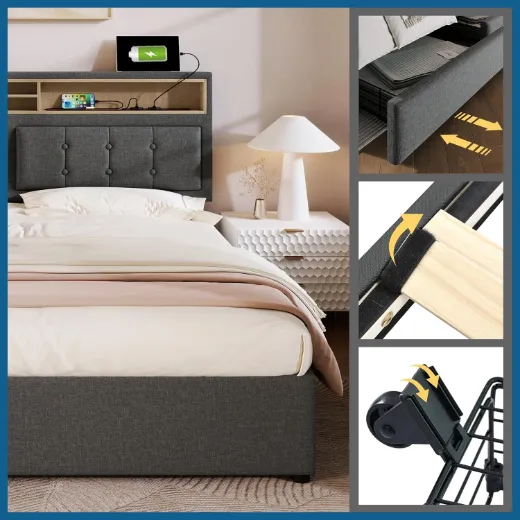 Picture of Upholstered Double Bed: Grey, 160 x 200 cm, LED with Adjustable Headboard (USB-C & Sockets), 4 Storage Drawers, Slatted Frame