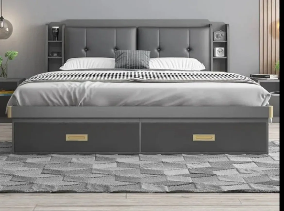 Picture of Modern Minimalist Double Bed: Panel Wood Style, High Box Storage, Dark Gray/Beige Fabric