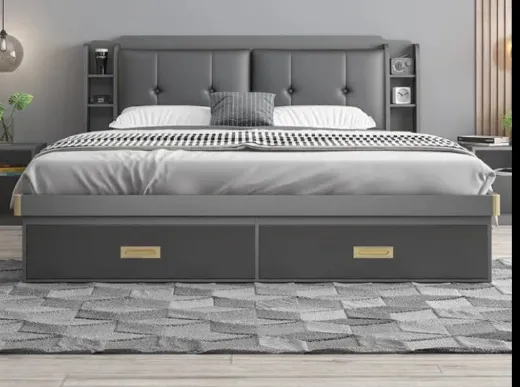 Picture of Modern Minimalist Double Bed: Panel Wood Style, High Box Storage, Dark Gray/Beige Fabric
