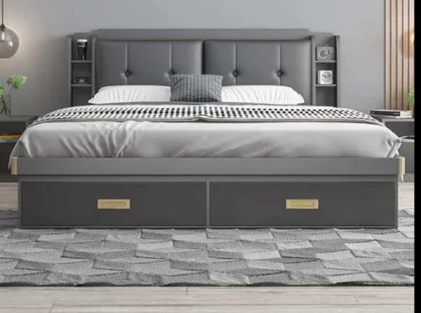 Show details for Modern Minimalist Double Bed: Panel Wood Style, High Box Storage, Dark Gray/Beige Fabric Picture of Modern Minimalist Double Bed: Panel Wood Style, High Box Storage, Dark Gray/Beige Fabric
