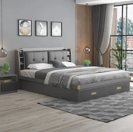 Picture of Modern Minimalist Double Bed: Panel Wood Style, High Box Storage, Dark Gray/Beige Fabric