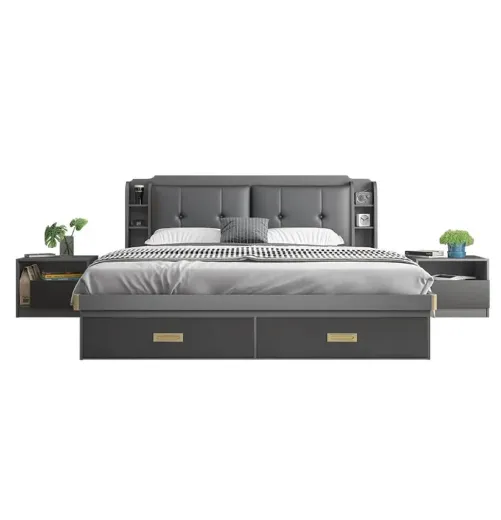 Picture of Modern Minimalist Double Bed: Panel Wood Style, High Box Storage, Dark Gray/Beige Fabric