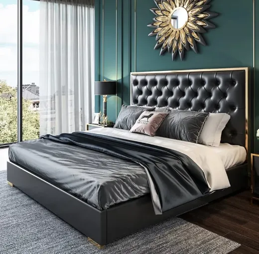 Picture of French Luxury King Size Bed: Modern Upholstered Leather Frame, Tufted with Nailhead Trim, Extendable Design & Cooling Comfort