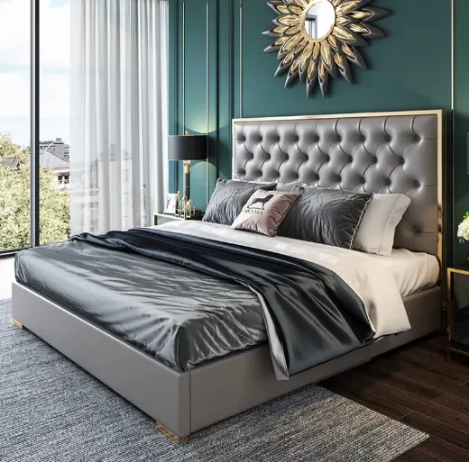 Picture of French Luxury King Size Bed: Modern Upholstered Leather Frame, Tufted with Nailhead Trim, Extendable Design & Cooling Comfort