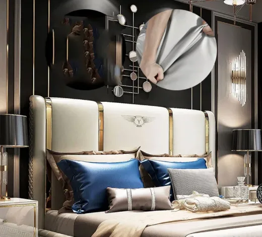 Picture of White Modern Double Bed: Leather & Metal Design with Storage, Comfortable, Beech Wood Frame