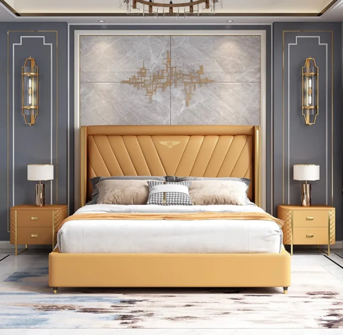 Picture of Luxury Double Bed: Modern European Design, Solid Wood Frame, Leather Upholstery with Storage, Custom Color