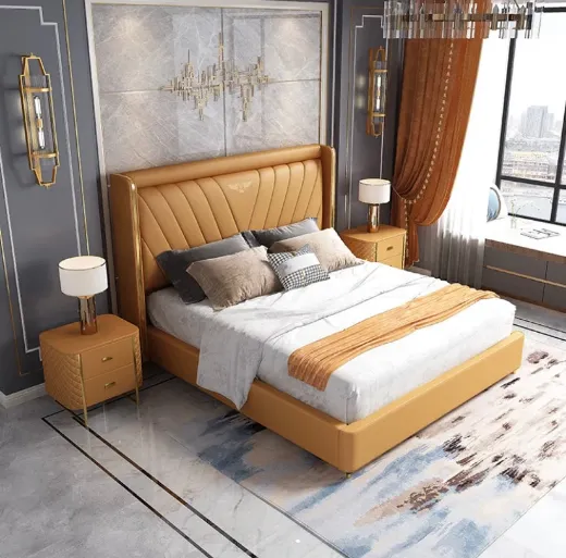 Picture of Luxury Double Bed: Modern European Design, Solid Wood Frame, Leather Upholstery with Storage, Custom Color