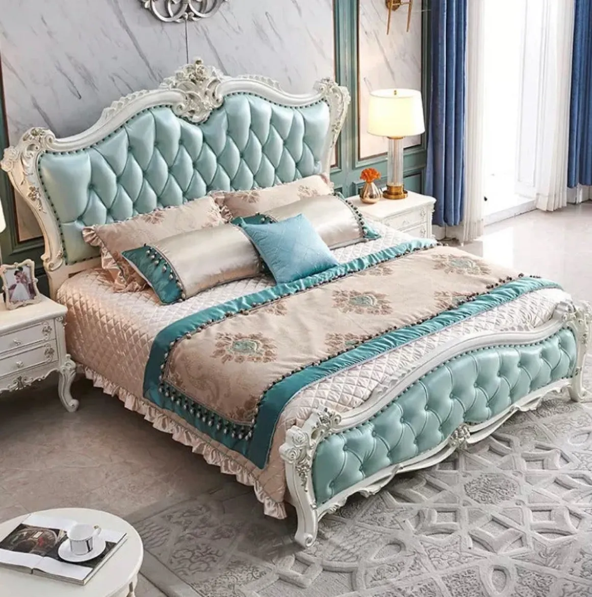 Picture of King Size Bed: Antique Style European Design, Solid Oak Wood Frame with Bookcase Headboard, Adjustable Feature, Baroque Appearance