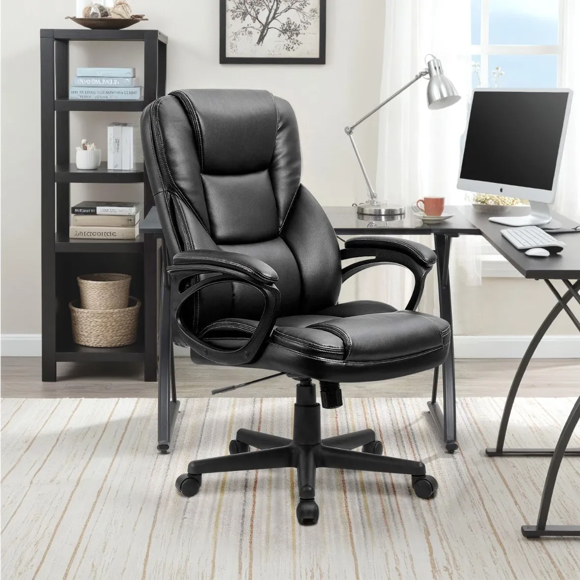 Picture of High Back Executive Office Chair: Adjustable Swivel, Lumbar Support, Black Faux Leather, 300 lbs Capacity