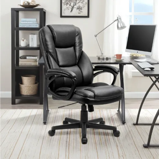 Picture of High Back Executive Office Chair: Adjustable Swivel, Lumbar Support, Black Faux Leather, 300 lbs Capacity