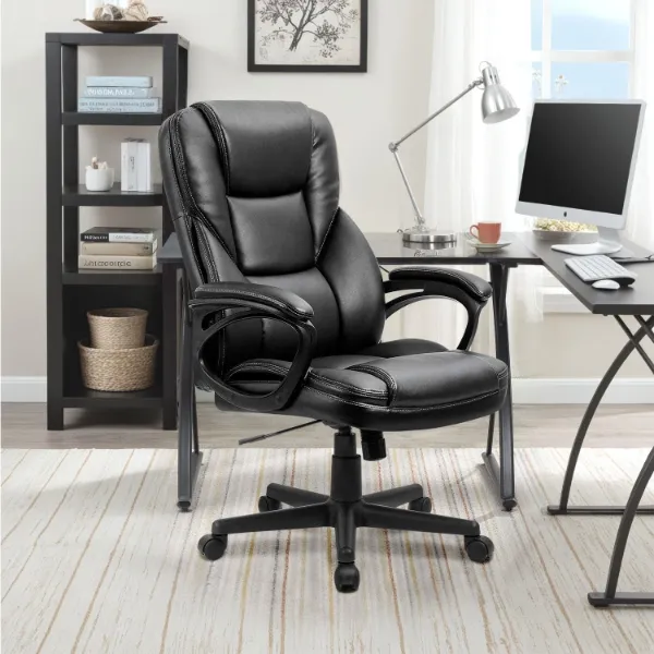 Show details for High Back Executive Office Chair: Adjustable Swivel, Lumbar Support, Black Faux Leather, 300 lbs Capacity Picture of High Back Executive Office Chair: Adjustable Swivel, Lumbar Support, Black Faux Leather, 300 lbs Capacity