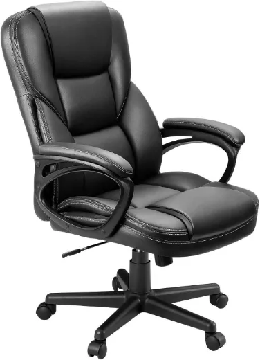 Picture of High Back Executive Office Chair: Adjustable Swivel, Lumbar Support, Black Faux Leather, 300 lbs Capacity