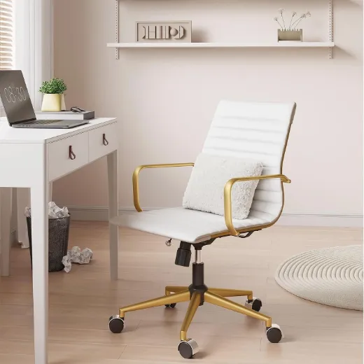 Picture of Ergonomic Office Chair: Adjustable Swivel, Mid-Back, White & Gold, Heavy-Duty Computer Task Chair with Lumbar Support
