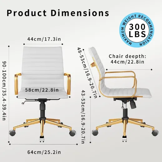 Picture of Ergonomic Office Chair: Adjustable Swivel, Mid-Back, White & Gold, Heavy-Duty Computer Task Chair with Lumbar Support
