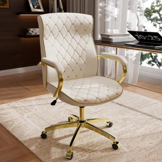 Picture of White and Gold Office Chair: Mid-Back Vintage Swivel Executive Desk Chair with Padded Arms
