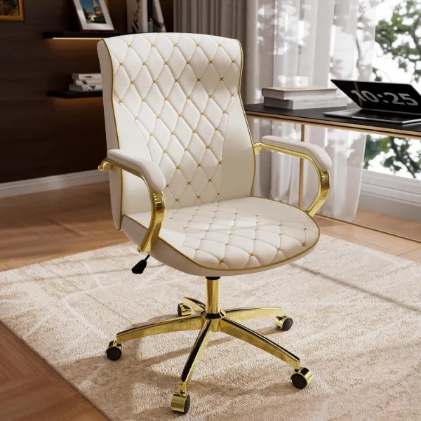 Show details for White and Gold Office Chair: Mid-Back Vintage Swivel Executive Desk Chair with Padded Arms Picture of White and Gold Office Chair: Mid-Back Vintage Swivel Executive Desk Chair with Padded Arms