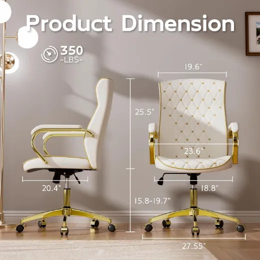 Picture of White and Gold Office Chair: Mid-Back Vintage Swivel Executive Desk Chair with Padded Arms