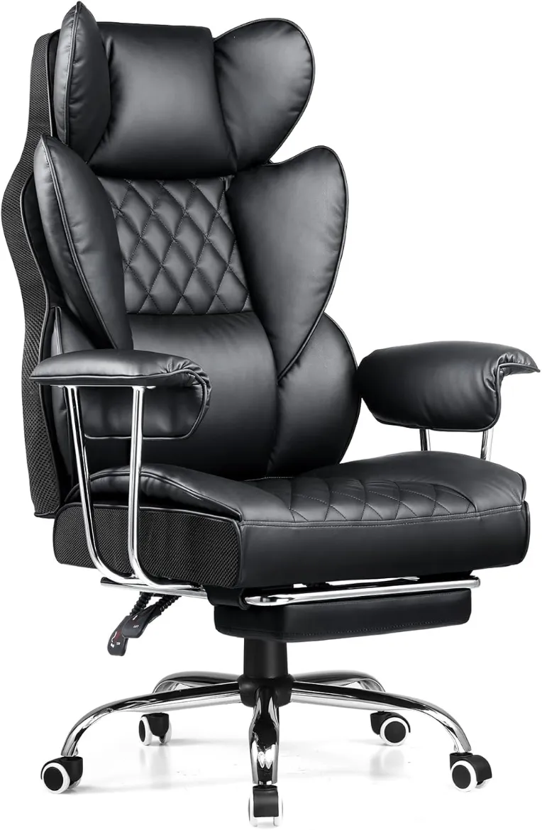 Picture of Big and Tall Office Chair: High Back, Ergonomic Design, Footrest, Lumbar Support, Black Leather-Style