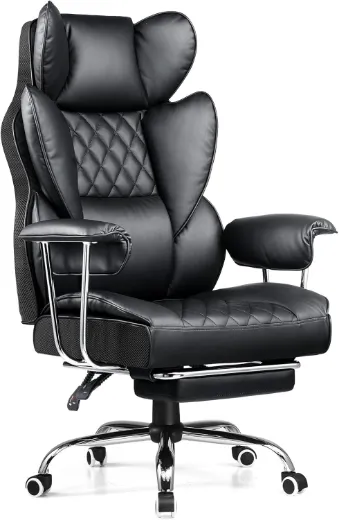 Picture of Big and Tall Office Chair: High Back, Ergonomic Design, Footrest, Lumbar Support, Black Leather-Style