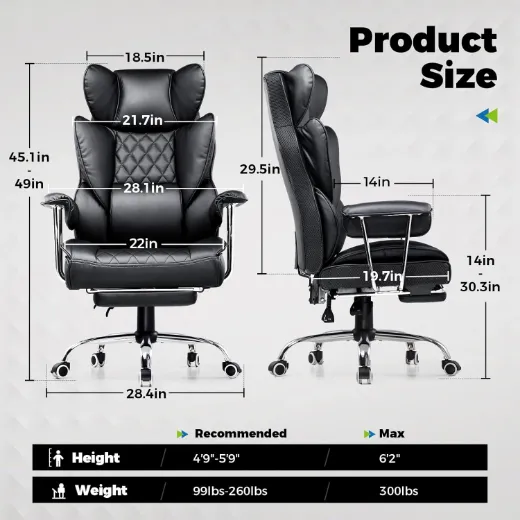 Picture of Big and Tall Office Chair: High Back, Ergonomic Design, Footrest, Lumbar Support, Black Leather-Style