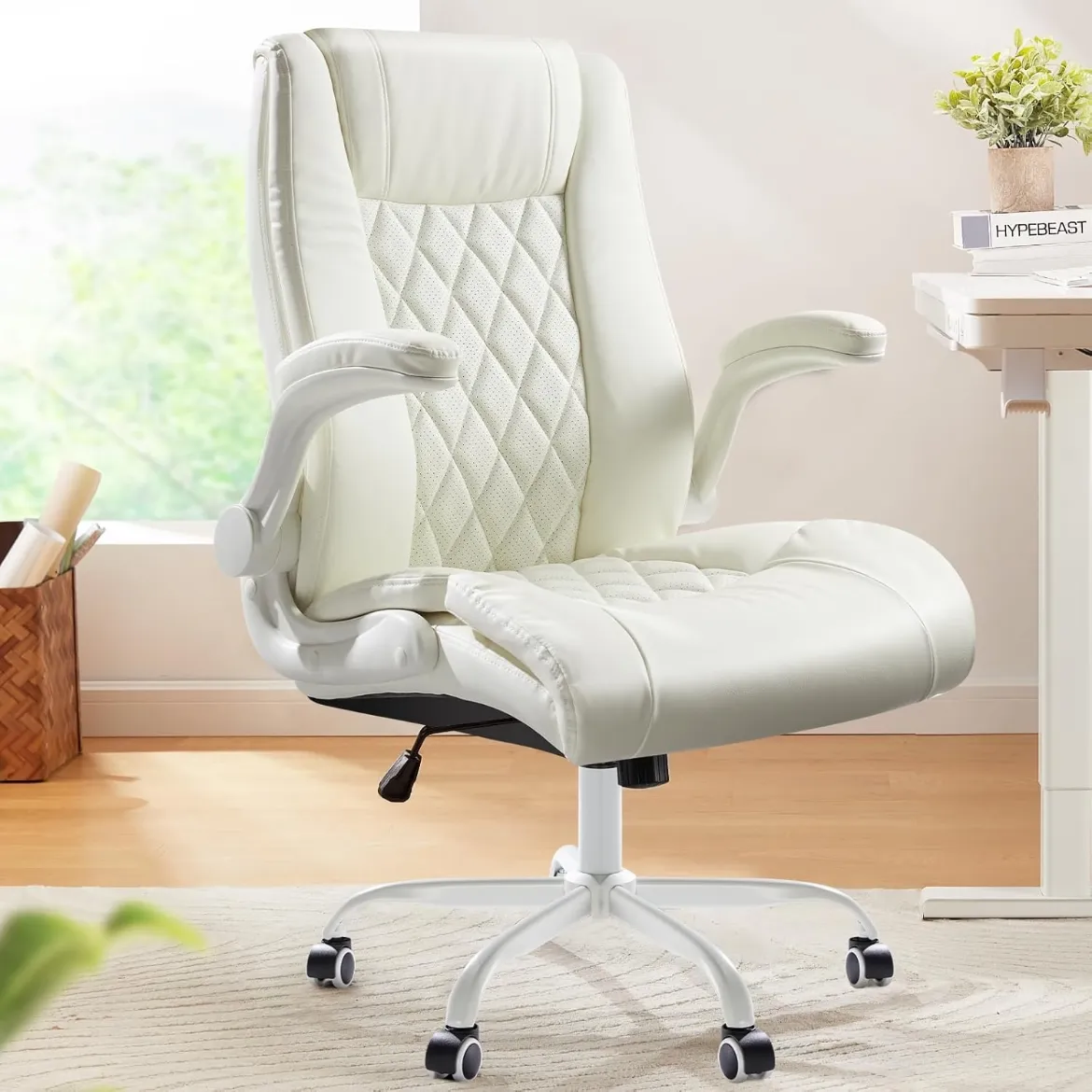 Picture of Executive Office Chair: Adjustable Swivel, Flip-Up Armrests, Ergonomic Design, White Faux Leather
