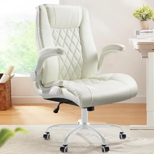 Picture of Executive Office Chair: Adjustable Swivel, Flip-Up Armrests, Ergonomic Design, White Faux Leather