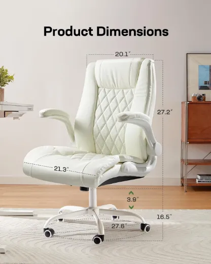 Picture of Executive Office Chair: Adjustable Swivel, Flip-Up Armrests, Ergonomic Design, White Faux Leather