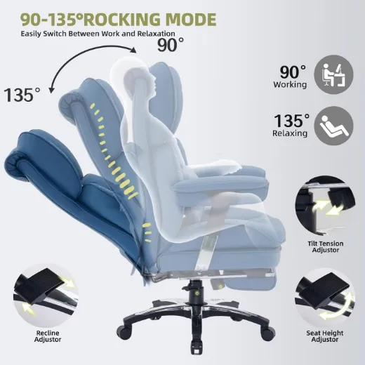 Picture of Big and Tall Office Chair: Ergonomic, High Back, Footrest, Adjustable Arms, Wide Seat, Blue