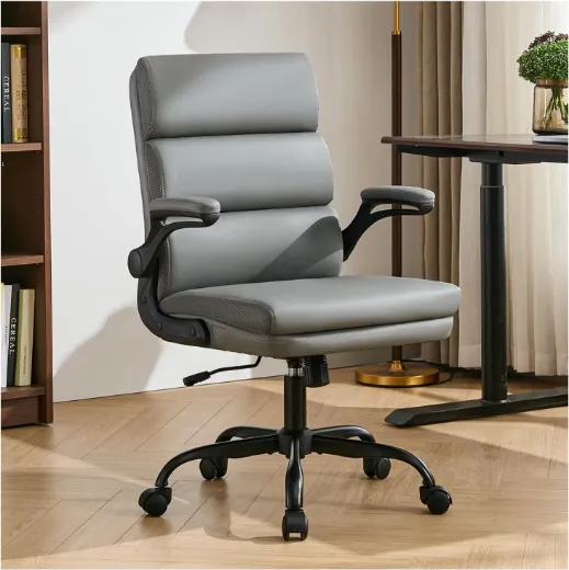Picture of Adjustable Desk Chair: Mid-Back Executive, Ergonomic, Padded Flip-Up Armrest, Grey Faux Leather