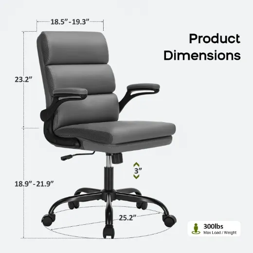 Picture of Adjustable Desk Chair: Mid-Back Executive, Ergonomic, Padded Flip-Up Armrest, Grey Faux Leather
