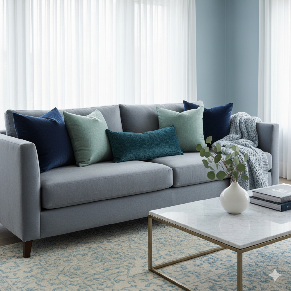 Cool-toned gray sofa styled with cushions in varying shades of monochromatic blue and seafoam green for a calming effect.