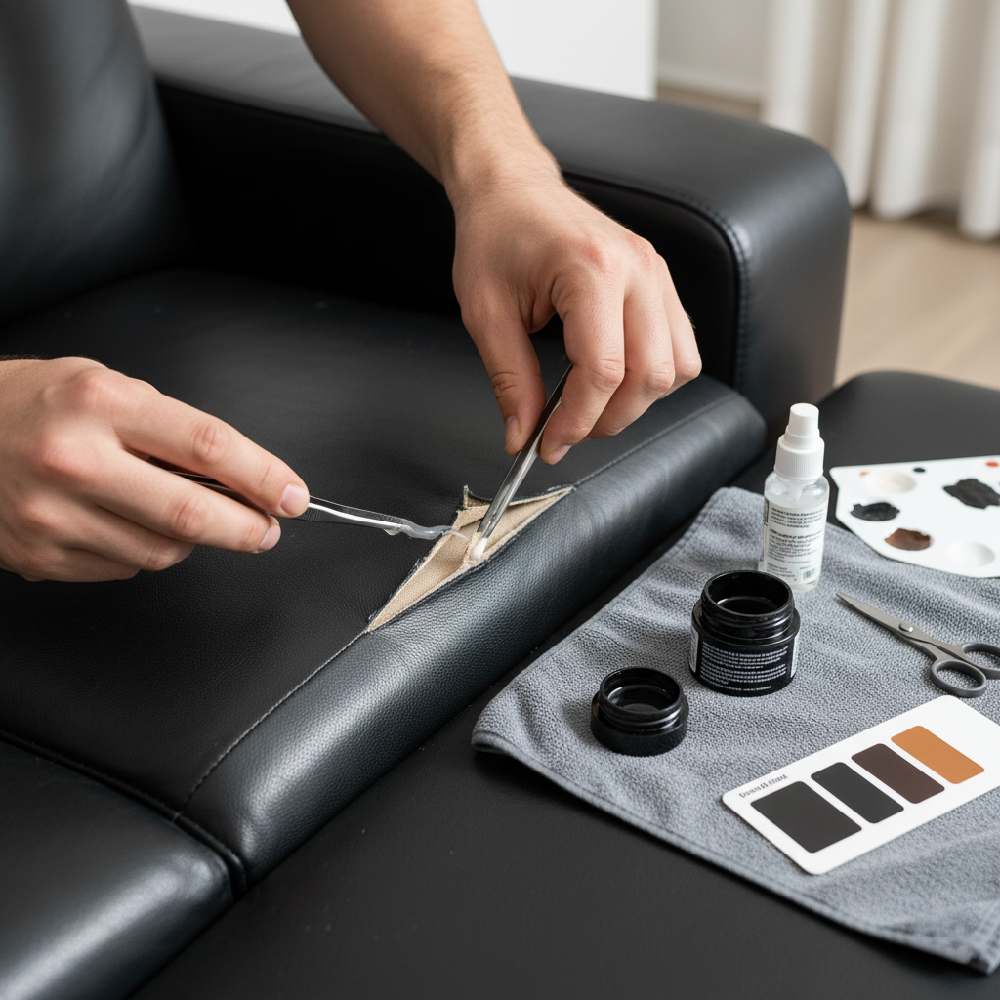 Image showing a man using tweezers to insert a backing cloth or subpatch under a small rip in a black leather couch to stabilize the tear.
