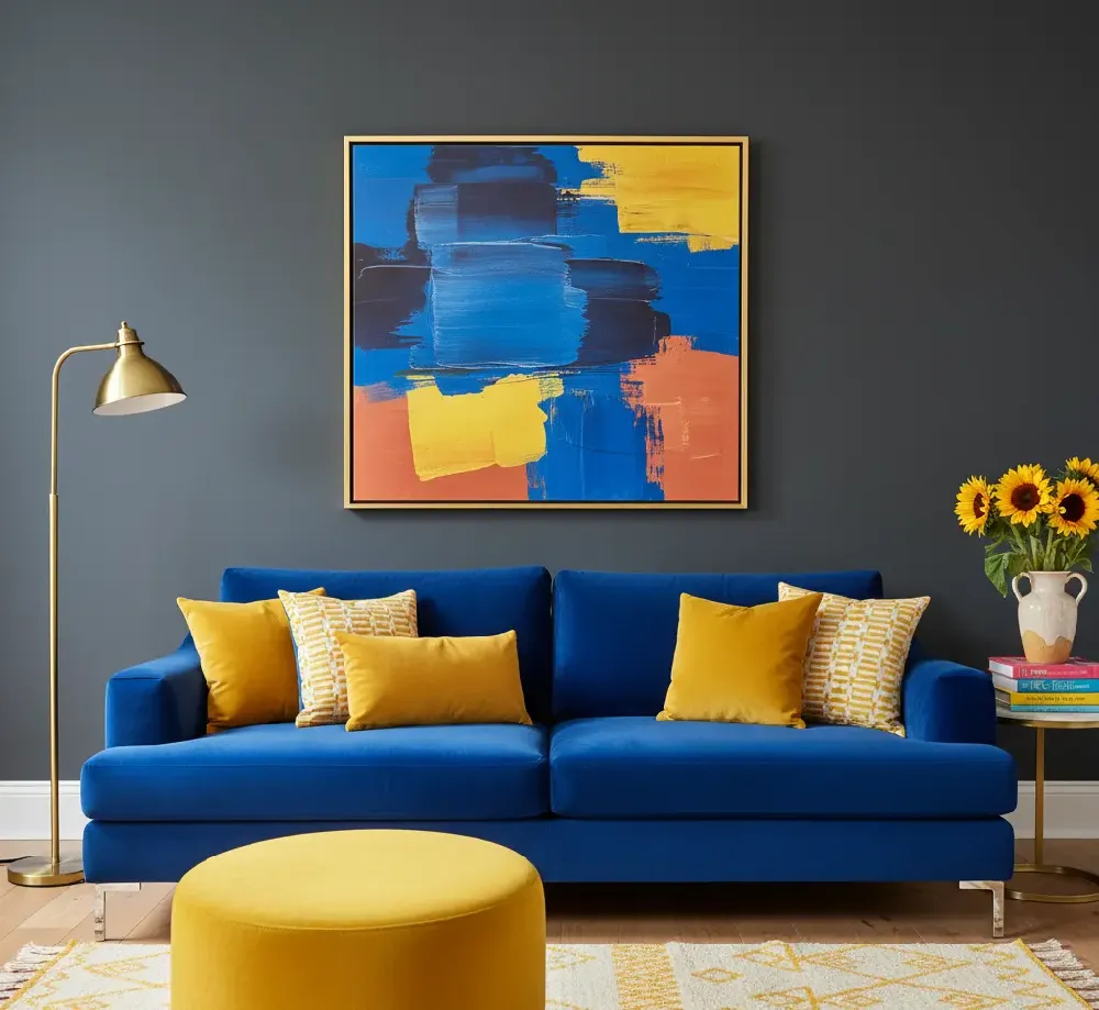 A vibrant royal blue sofa paired with a large, bright mustard yellow circular ottoman and matching yellow throw pillows. A colorful abstract painting above the sofa features blocks of royal blue, yellow, and orange, standing out against a dark charcoal wall for a bold, modern, and energetic look.