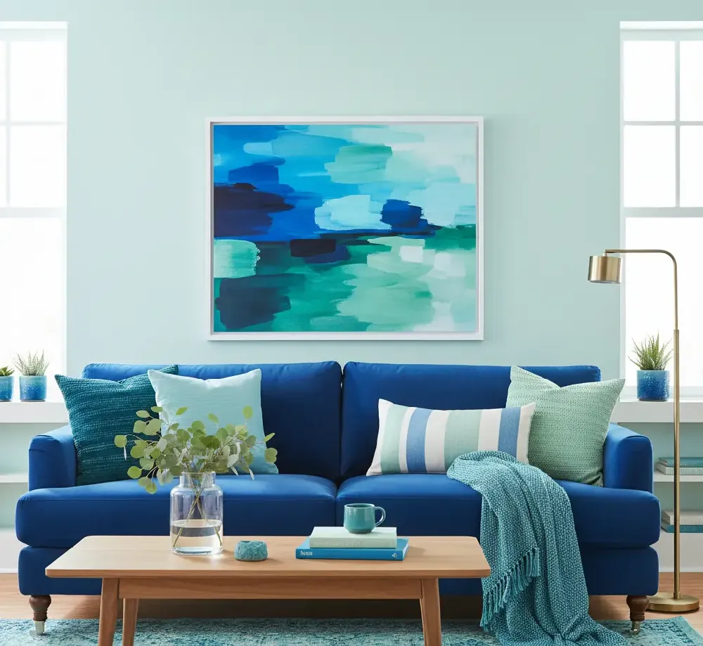 A tranquil living room featuring a royal blue sofa paired with various shades of teal and aqua. The space includes teal velvet armchairs, light aqua-blue throw pillows, and art with abstract blue-green tones, creating a serene, cohesive, and watery palette