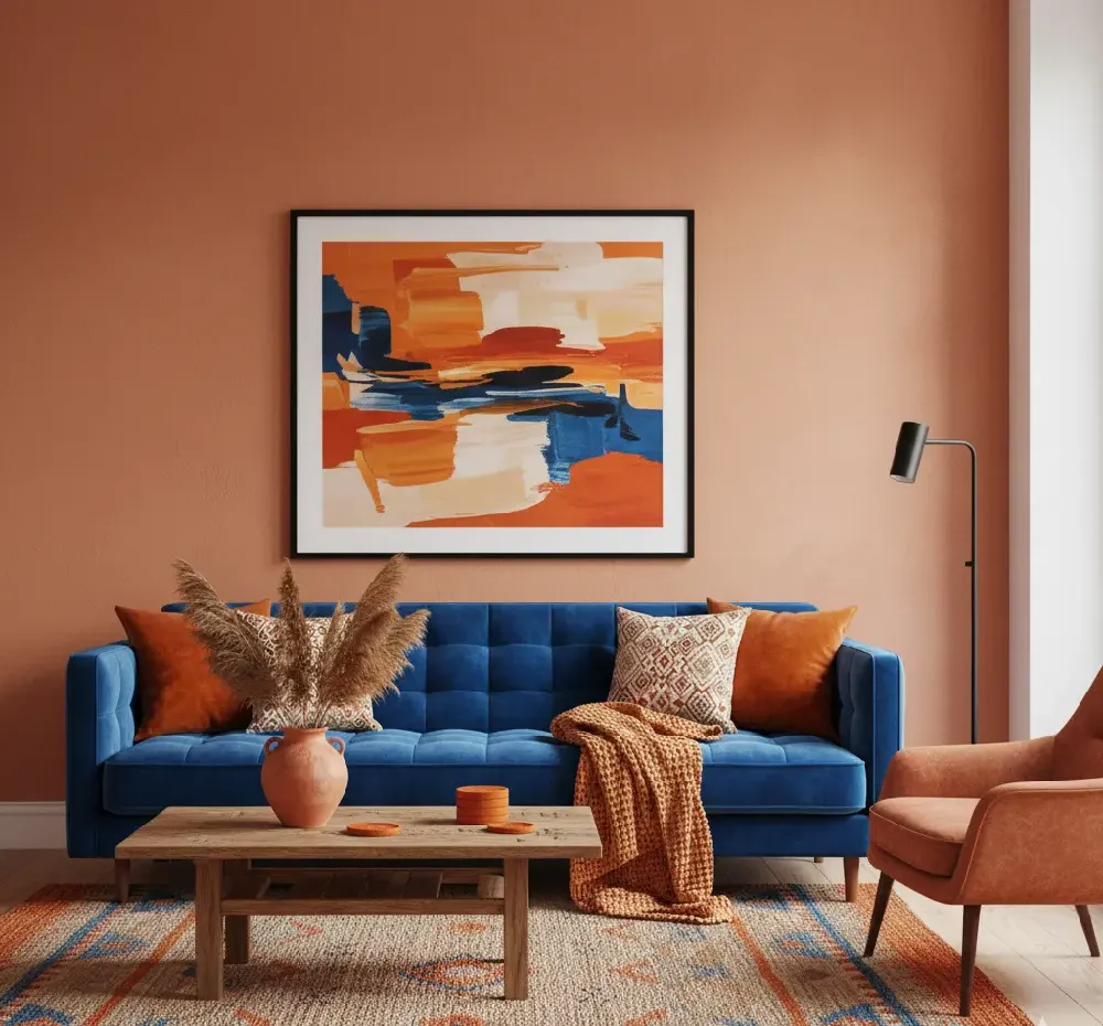 A royal blue velvet sofa anchors a room with a striking burnt orange or terracotta accent chair. Earth-toned art and accessories in warm brown and rust colors provide a vibrant, complementary contrast to the cool blue, giving the space a warm, modern bohemian feel.