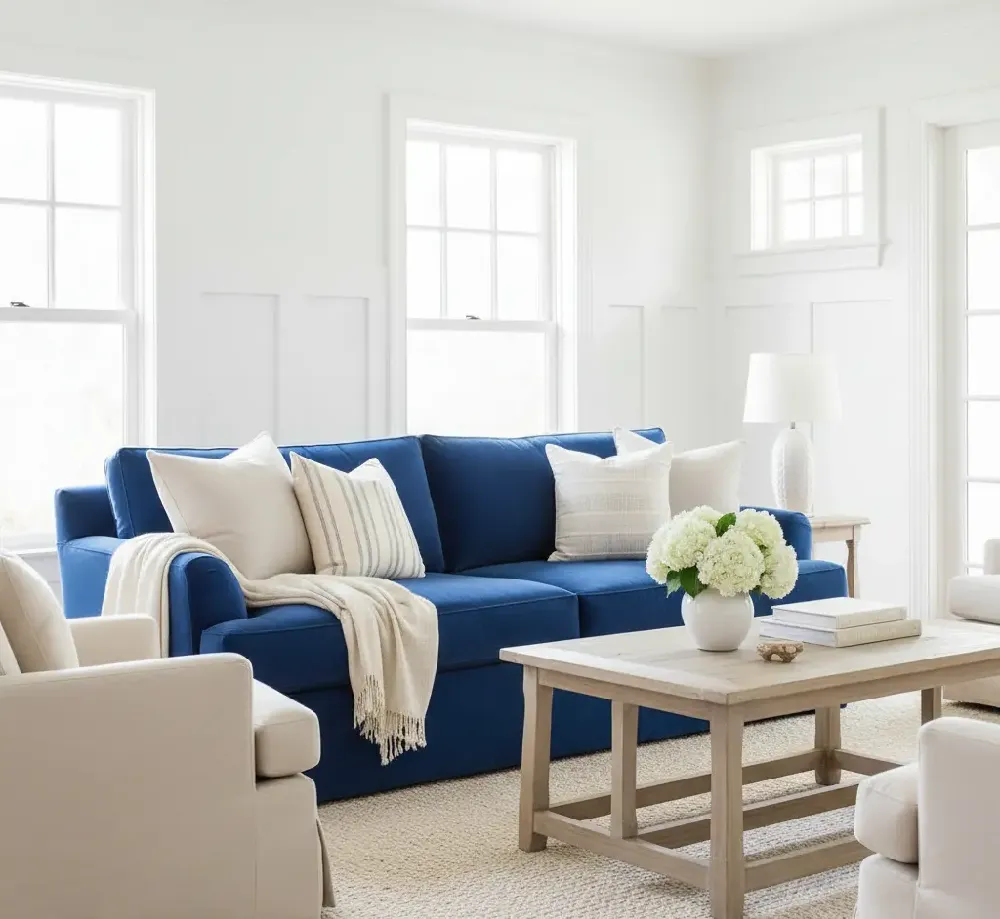 A royal blue velvet sofa sits in a bright living room with crisp white walls and wainscoting. The sofa is accented with cream and beige throw pillows, complementing the light, textured area rug and a rustic light wood coffee table, creating a fresh, coastal-inspired look.